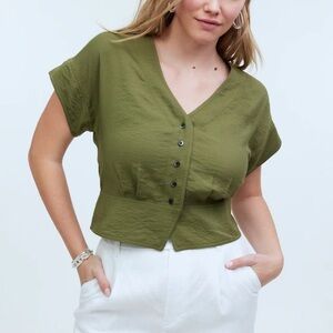 Madewell V Neck Short Sleeve Pintucked Pleated Button Down Top Medium